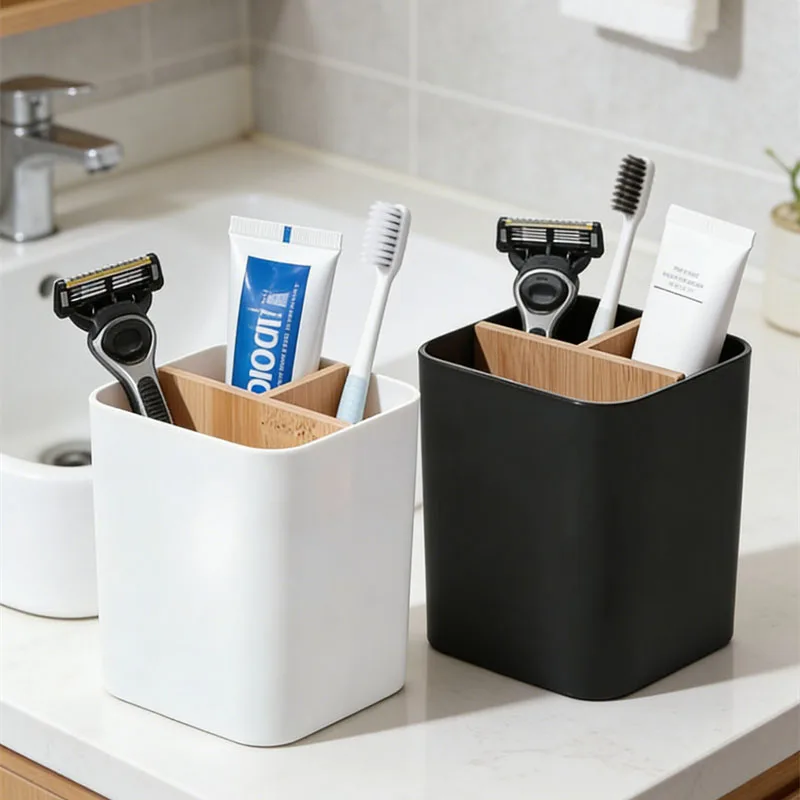 Toothbrush and Toothpaste Holder with Removable Bamboo Divider for Bathroom 3 Slots Countertop Organizer for Toothbrushes Razors