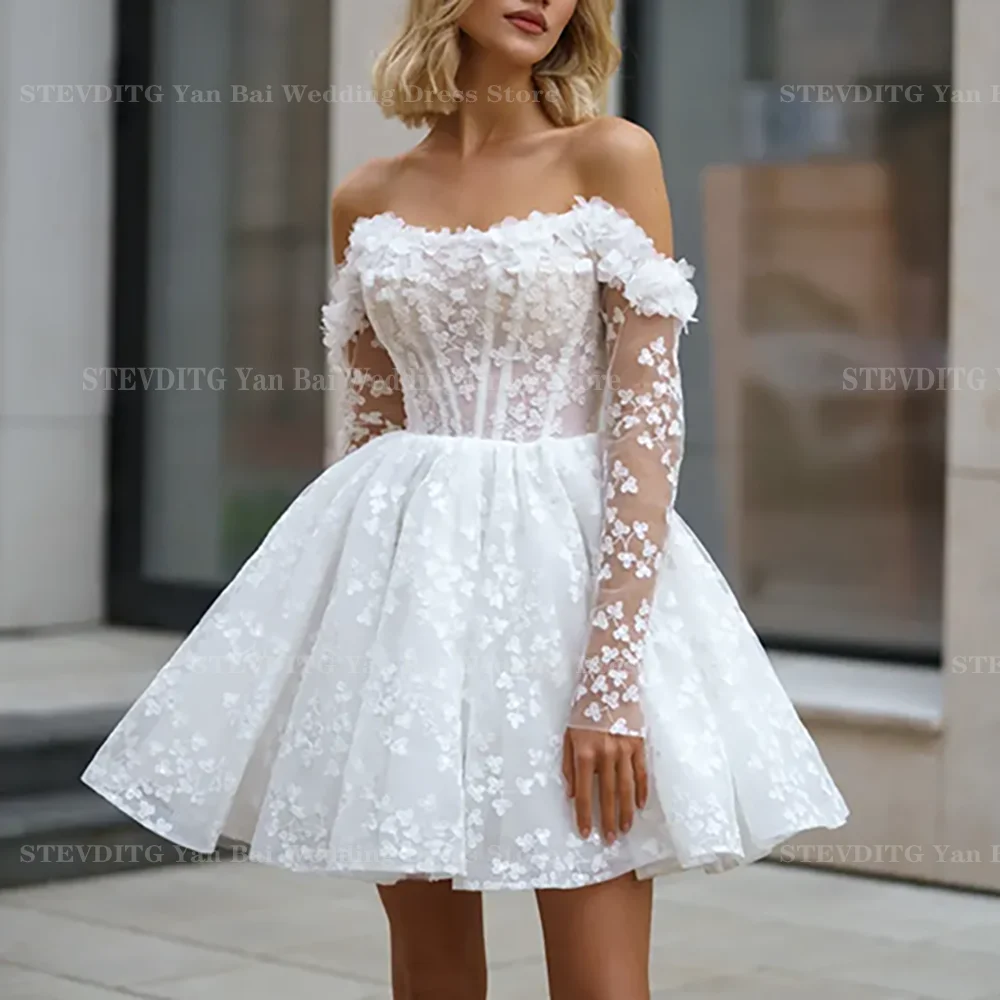 

New Arrival Mini Lace Prom Dresses Fashion Off The Shoulder Long Sleeves Above-Knee Ball Gown For Women Formal Party Dress