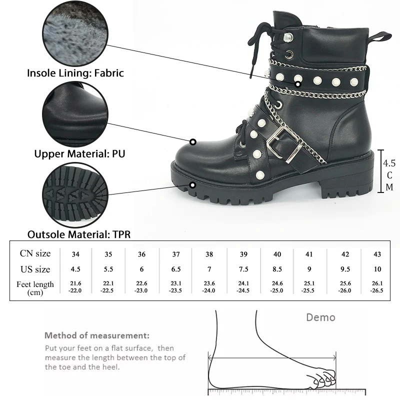 GMQM New 2023 Fashion Women\'s Ankle Boots Platform Round Toe Rivets Pearl Thick Sole Shoes Motorcycle Boots Punk Gothic Style