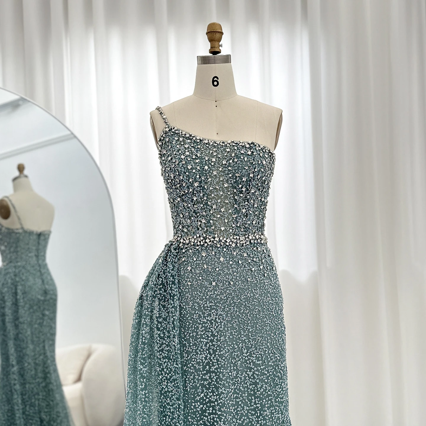 Sharon Said Sparkly Crystal Turquoise Een Schouder Zeemeermin Avondjurken met Overrok Bruiloft Jurken SS698 Aangepast