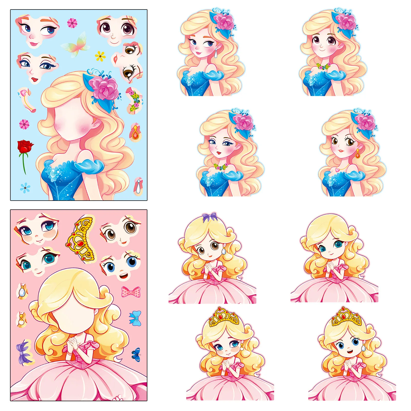 6Sheets Children DIY Puzzle Sticker Games 6 Princess Make A Face Funny Assemble Jigsaw Stickers Kids Educational Toys