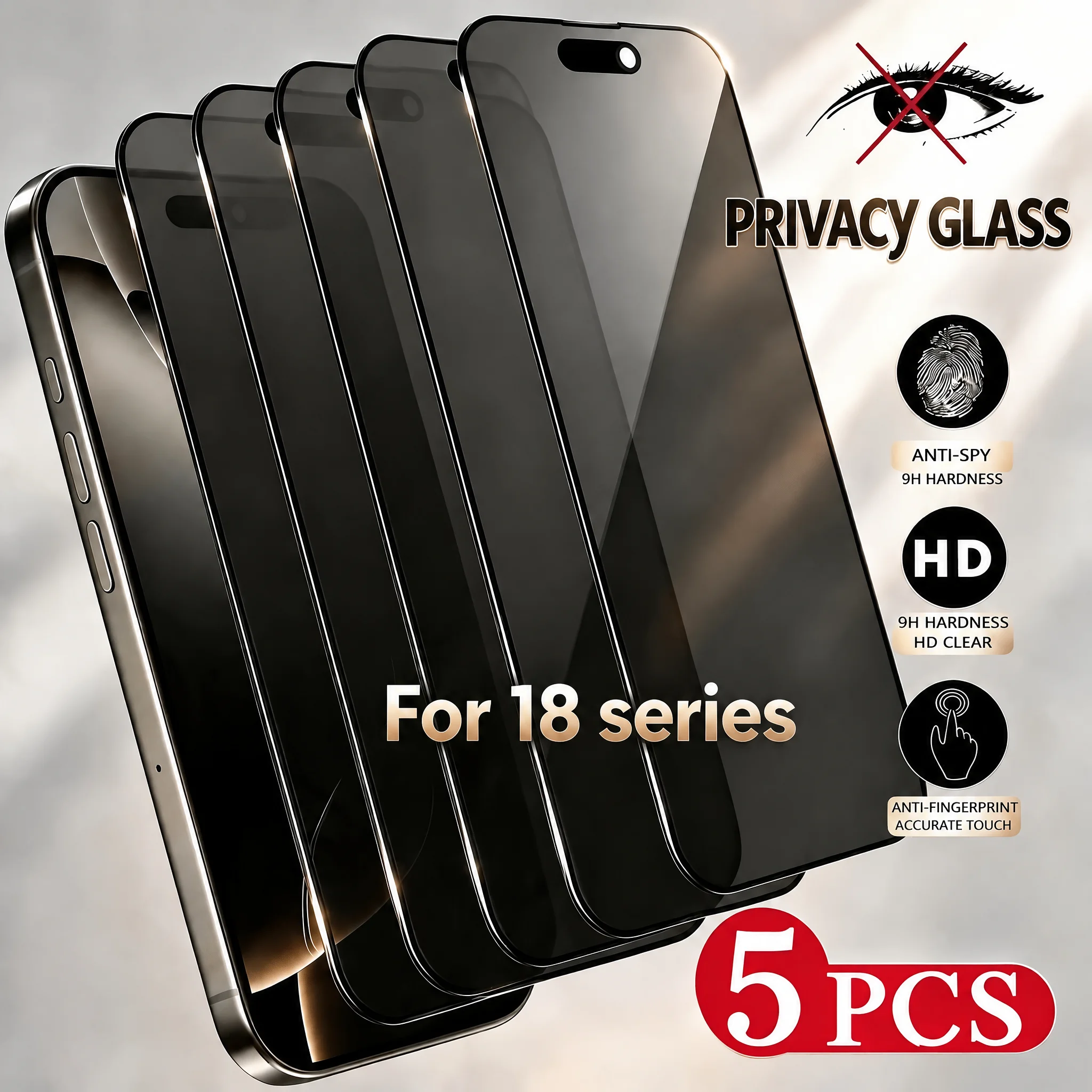 5-Pack Privacy Tempered Glass Screen Protector with 9H Hardness, HD Transparent Anti-Fingerprint Precision Touch Film, Suitable for iPhone 18/18 Pro/18 Pro Max/18 Plus, iPhone 17/17 Pro/17 Pro Max/17 Plus, iPhone 16, 15, 14, 13, 12, 11, X, XR, iPhone DUO