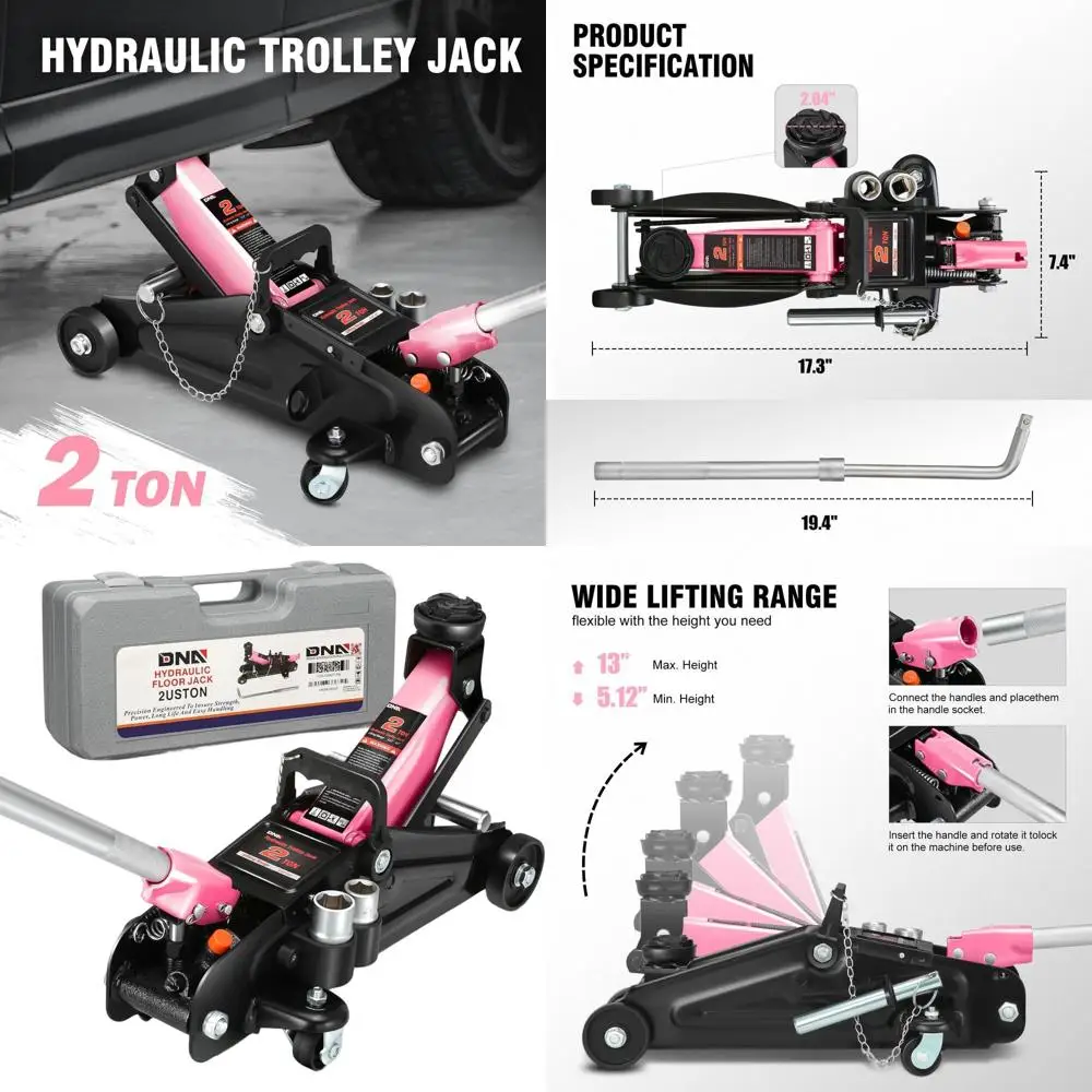 

Compact 2-Ton Pink Hydraulic Trolley Jack with Socket and Lock, 5.12-13 Lift Range for Cars