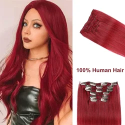 Clip in Hair Extensions Real Human Hair Double Weft Seamless Clip ins Burgandy Color Hair Cosplay Hair Extensions