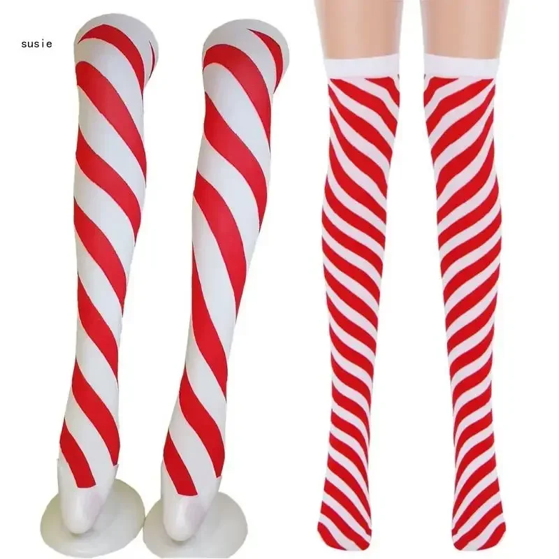 X7YA Women Christmas Peppermint Candy Cane Thigh High Socks Red White Striped Print Over Knee Long Stockings Cosplay Tights