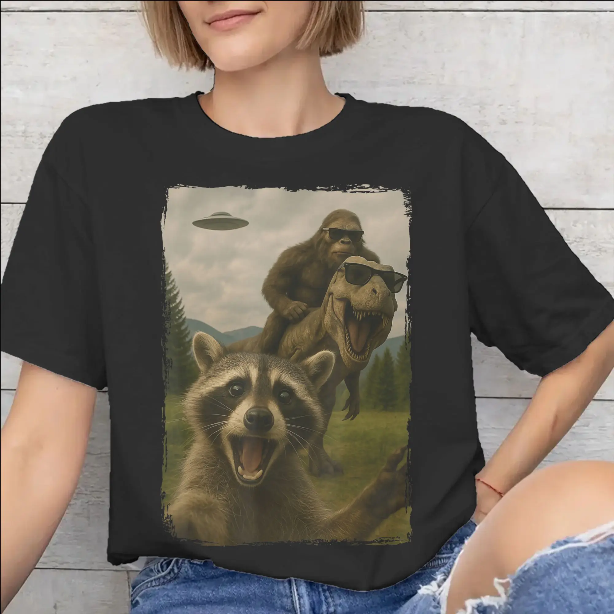 Funny Bigfoot Ride Dinosaur Raccoon Tee Shirt for Men Women Graphic T Shirts  Cotton Clothes