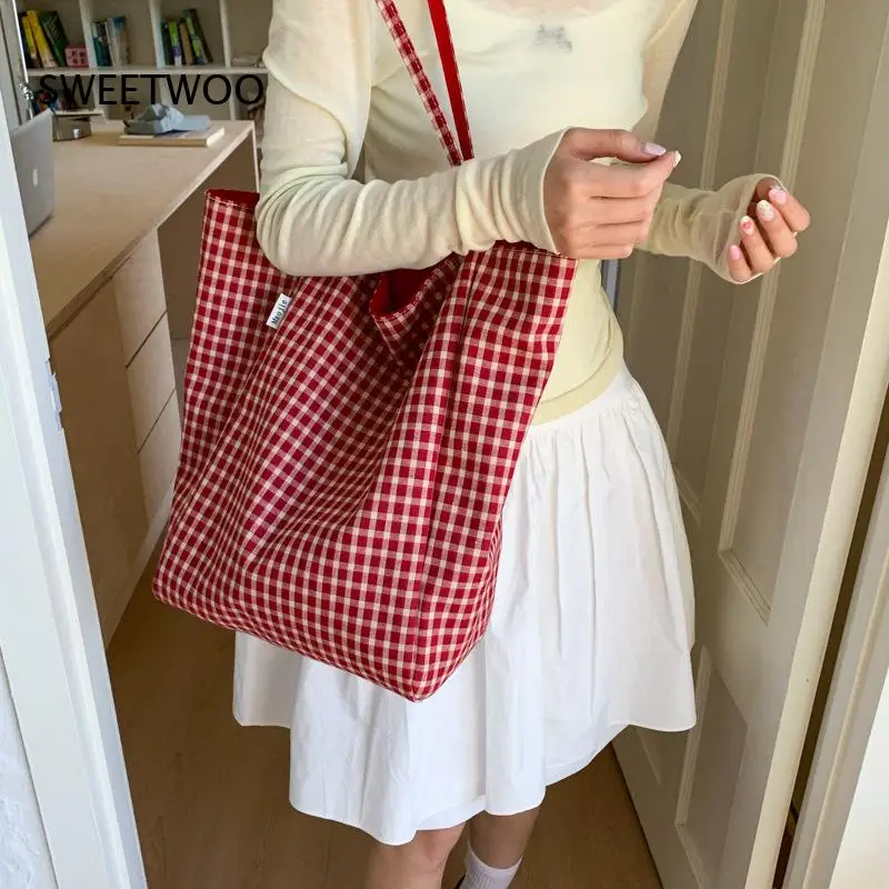 2026 Double Side Small Check Nylon Tote Bag Thin Lightweight Large Capacity Korean Ins Daily Student Grocery Shopping Women Bag