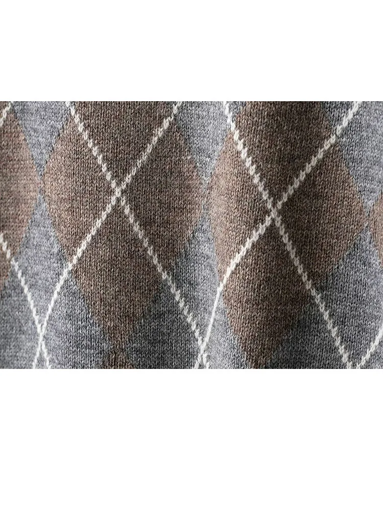Hh feminino 2025 inverno elegante lã misturada argyle camisola de malha moda feminina versátil com decote em v manga longa pulôver quente topo