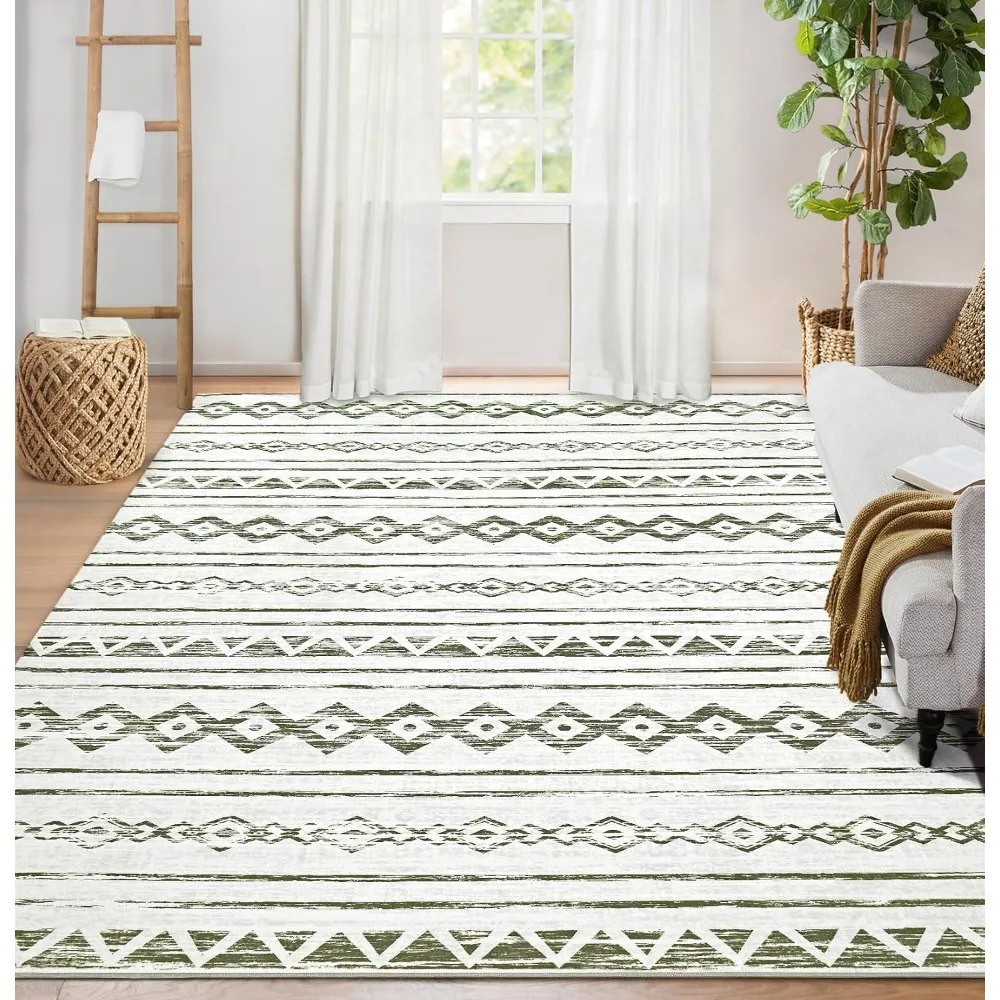 9 x 12 soft fluffy geometric washable bedroom carpet, dining room Home office nursery low pile decorated kitchen, grass green