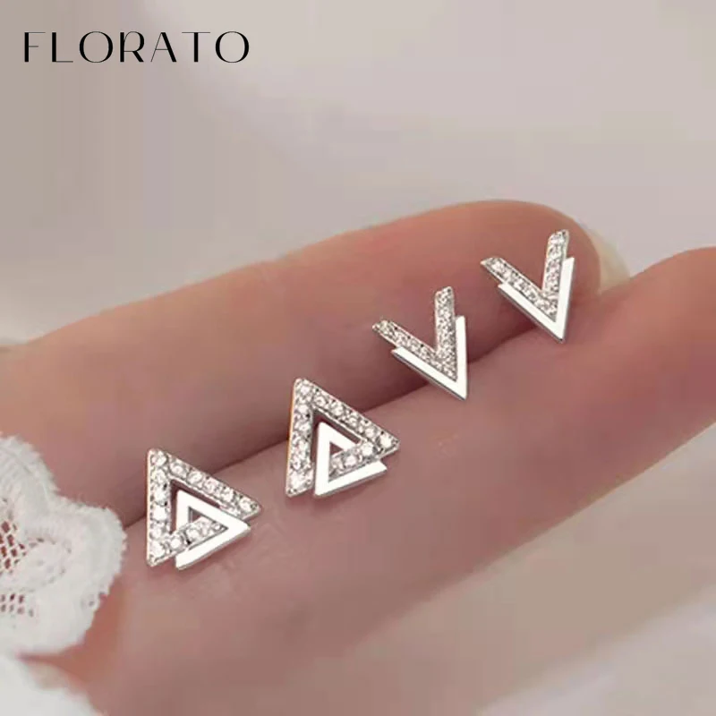 NEW 925 Sterling Silver Ear Needle V-shaped/triangular Micro-paved Zircon Stud Earrings Light Luxury Exquisite Fashion Jewelry