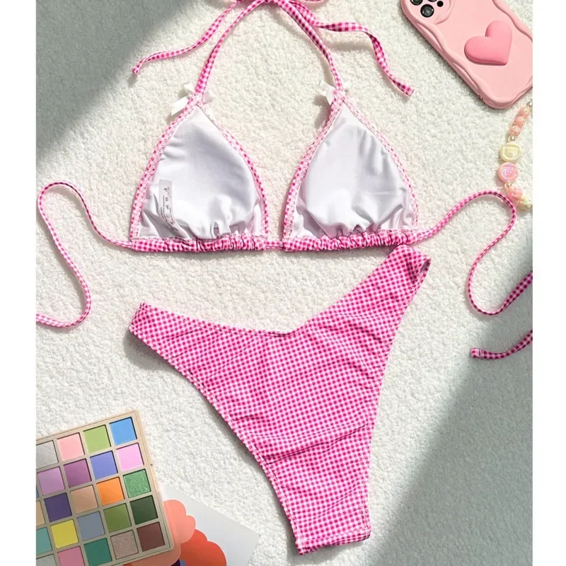 핑크 격자 무늬 섹시한 비키니 여성 수영복 여성 수영복 수영복 수영복 브라질 비키니 세트 Beachwear Pool Bather