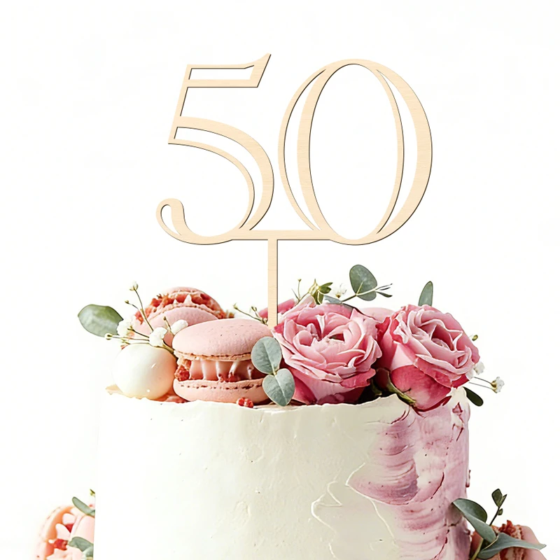 NUBECOM 50er Kuchen-Topper aus Holz, 50. Geburtstag Kuchendekoration, Nummer 50 Kuchenschmuck für Hochzeit, Jubiläum, Party, Kuchenschild – Detail 7