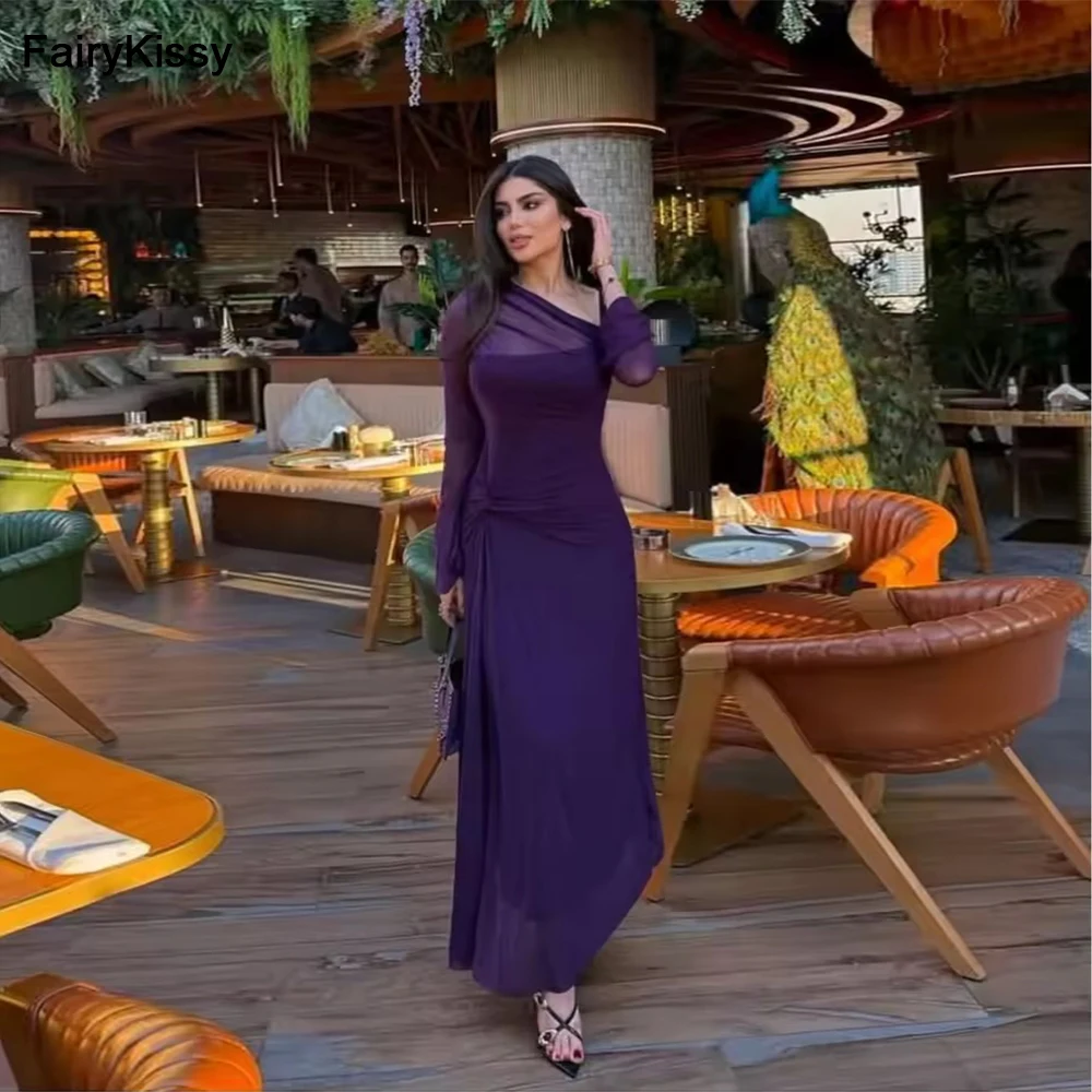 

FairyKissy Long Sleeves One Shoulder Prom Dresses Chic Purple Pleated Evening Dresses Ankle Length Formal Party Gowns