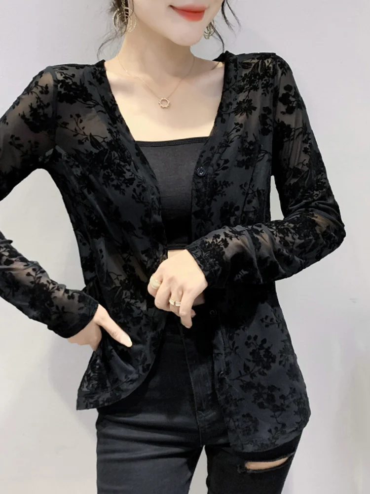 #7250 Black White Vintage Mesh T Shirt Women V-neck Buttons Sexy Cardigan Thin Perspective T-shirt Femme Long Sleeve Slim Retro