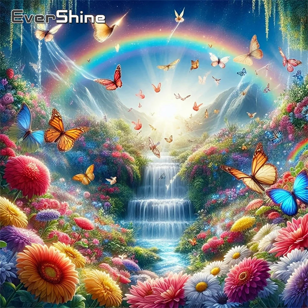 Evershine Diamant-Stickerei Wasserfall-Landschaft Strass-Bild Mosaik-Blumen Vollflächiges Gemälde Schmetterling Heimdekoration