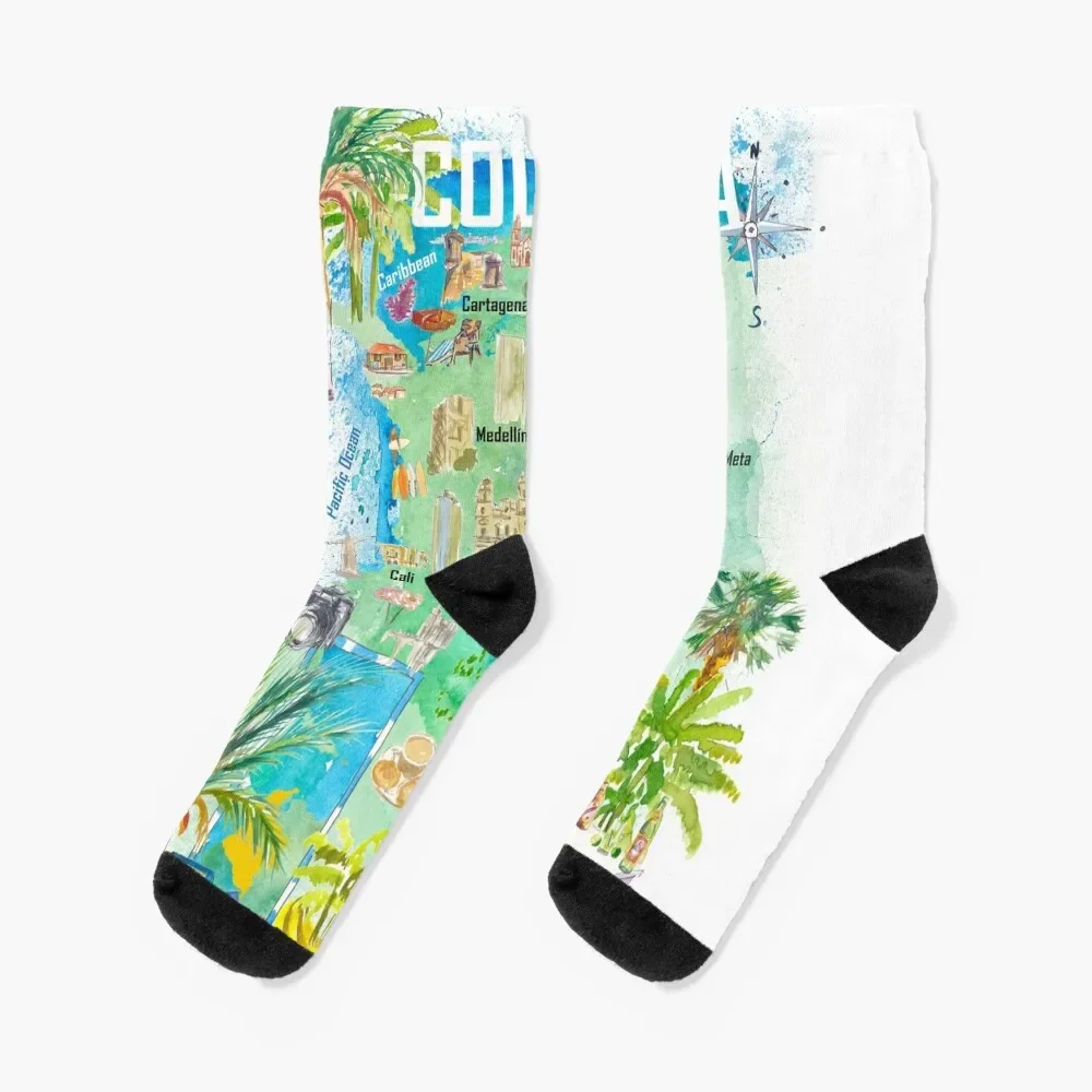 Colombia Illustrated Travel Map With Tourist Attractions And Highlights Socks aesthetic cycling Socks For Men Women's