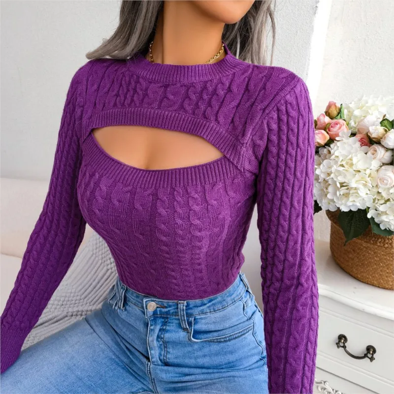 New Autumn And Winter Women\'s Fashion Hollow Out Fried Dough Twists Long Sleeve Sweater Round Neck Solid Fit Women\'s Wear 2024