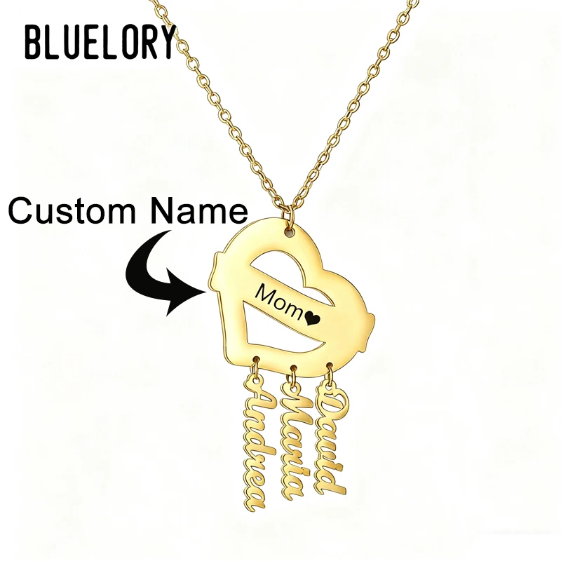 

Bluelory Customizable Family Name Heart Necklace For Mother Gold Color Plated Stainless Steel Personalized Women's Jewelry Gift
