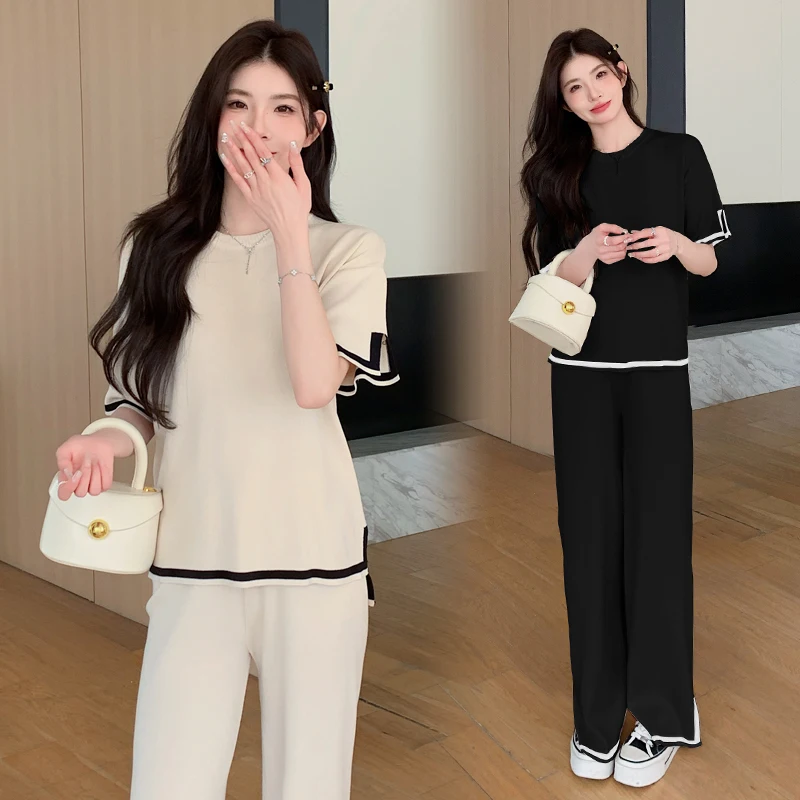 

Pregnant Women's Summer Short Sleeved Tops Side Split Wide Legs Long Pants Fashionable Maternity Clothes Set Formal Pants Suits