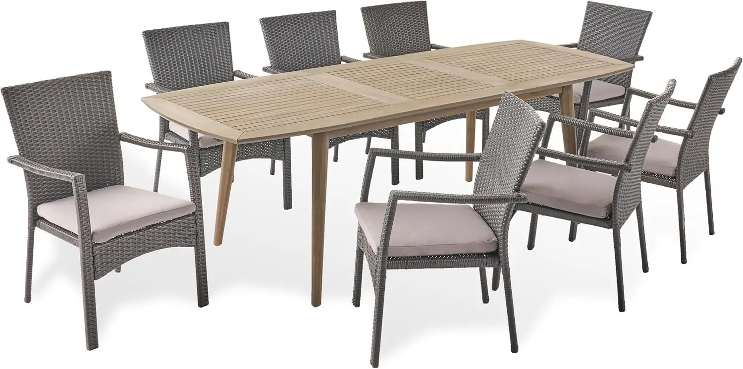 Amanda Outdoor Wood and Wicker Expandable 8 Seater Dining Set