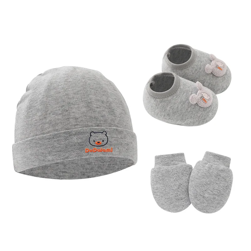 

3Pcs Newborn Fetal Hat Sets Baby Scratch Resistant Gloves Infant Baby Shoes Solid Cotton Kids Floor Socks Cute Bear Pullover Cap