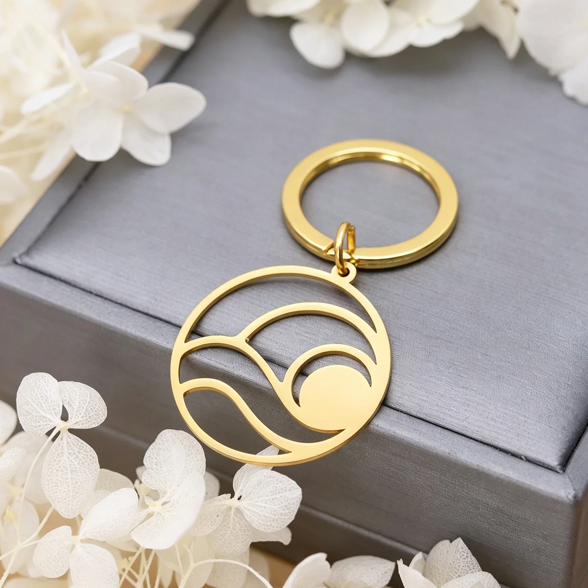 Stainless Steel Mountain Sunrise Landscape Keychain Pendant For Men Women Key Chains Fashion Jewelry Bag Deco Metal Accessories