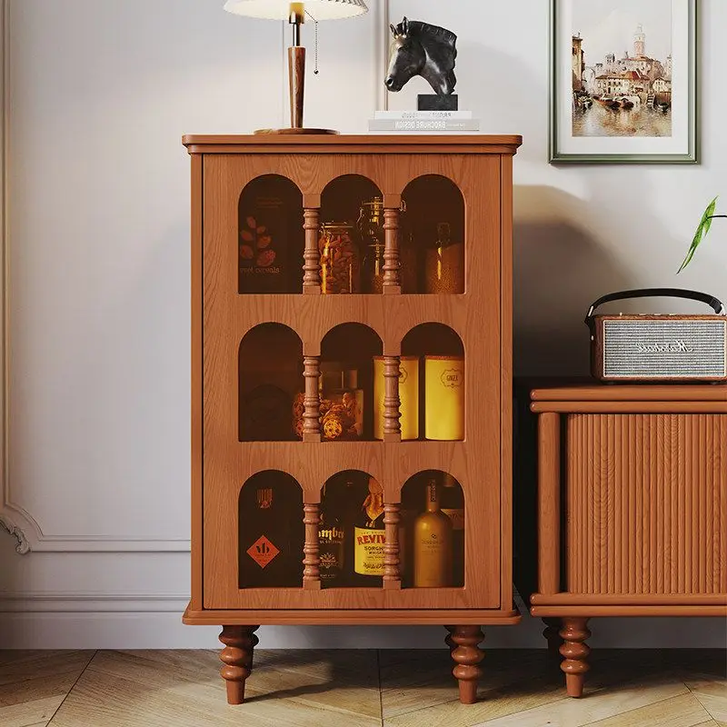 Medieval retro solid wood side cabinet, French living room display cabinet, suitable for small apartment sofa storage space