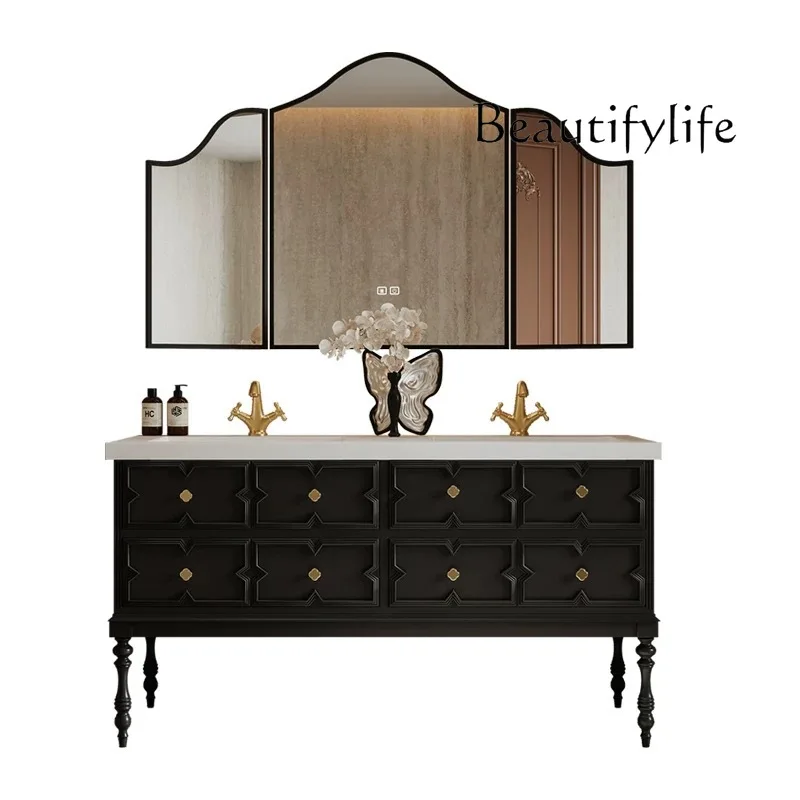 

French oak retro rock slab bathroom cabinet double basin combination floor-to-ceiling washstand designer fashion home