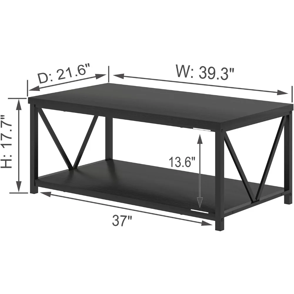 Small Coffee Table, Modern Living Room Tables with Storage Shelf, Rustic Wood Rectangle Center Table, 2 Tier Wooden Low