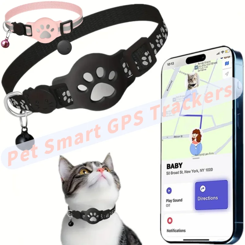Anti Lost Cat Collar With Removable Bell Paw Print Nylon AirTag Holder Cat Collar With AirTag Slot Pet Smart GPS Trackers