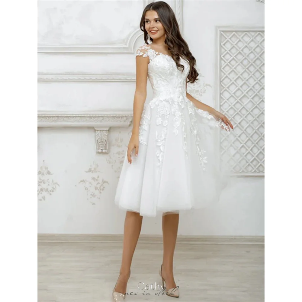 

Cathy White Tulle Wedding Dresses Lace Embroidery Prince A-line vestidos de noche Elegant Sleeveless Knee-length Formal Evening