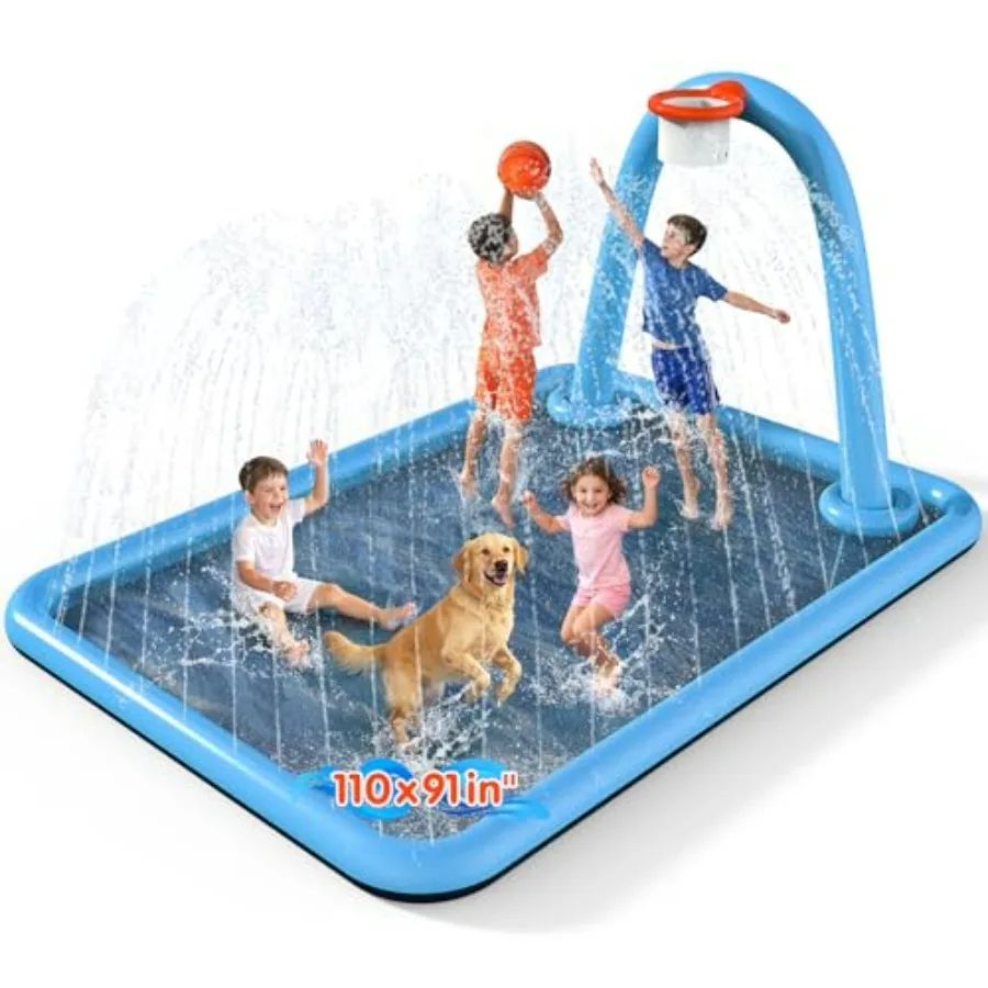 

Splash Pad for backyard use, PVC material, blue and yellow, 2-in-1 inflatable sprinkler mat with basketball hoop and arch, 110x