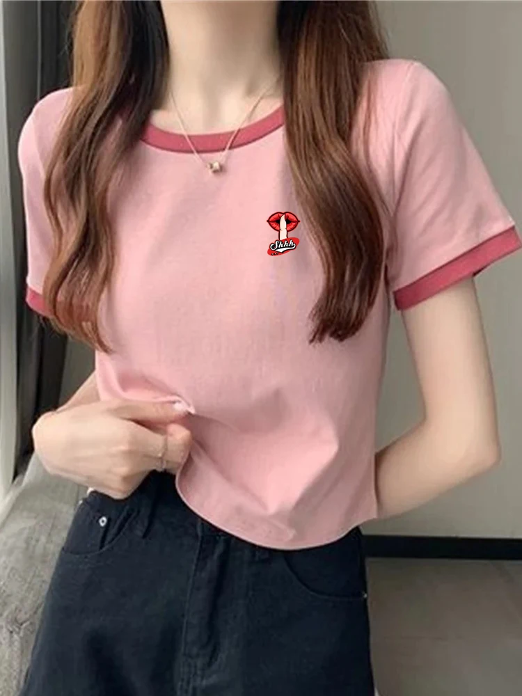 Women's Fashionable Slimming Cropped T-Shirt Short Sleeves Color Blocking Round Neck Summer New Style Smooths Your Silhouette