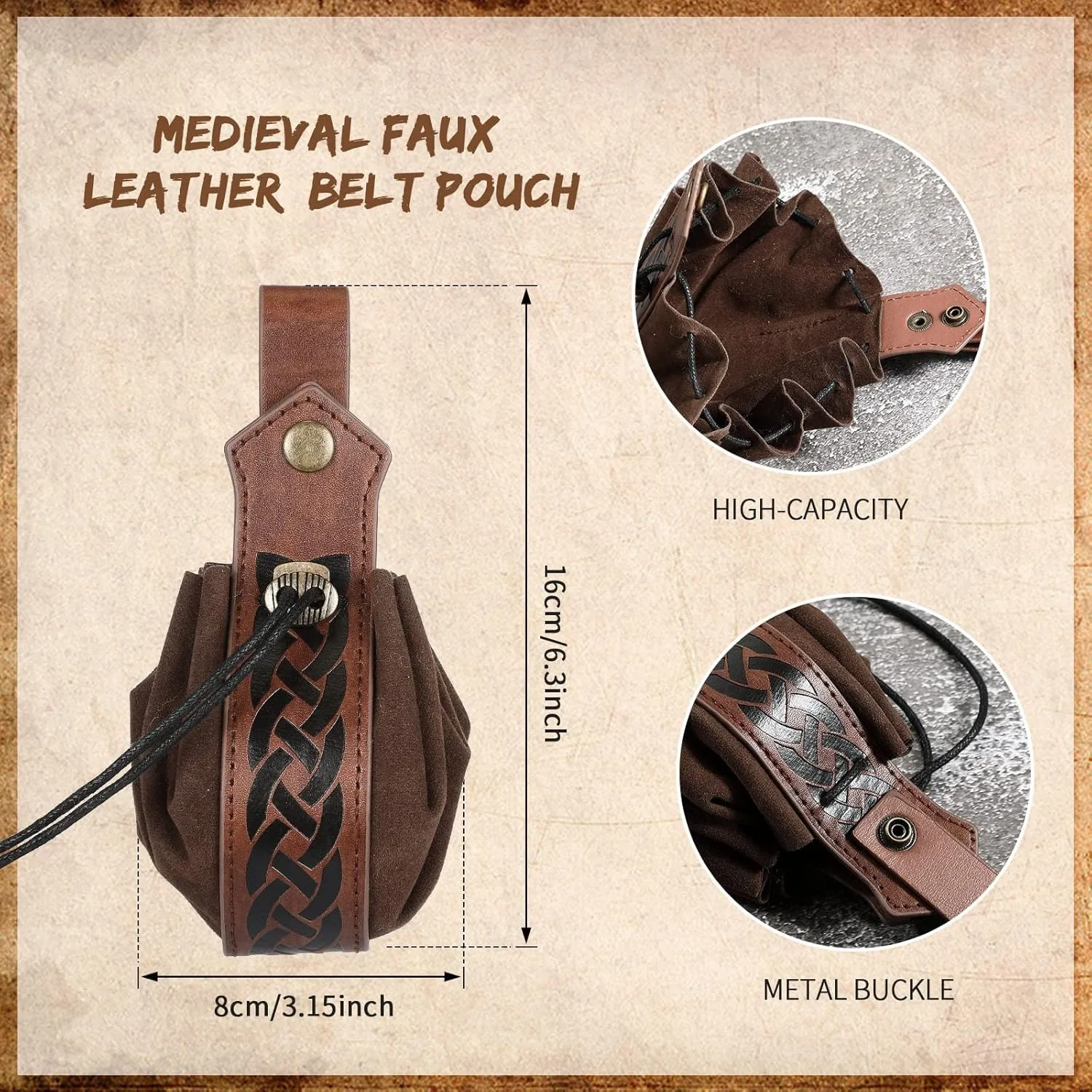 2pcs Medieval Faux Leather Belt Bag, Renaissance Drawstring Pouch Dice Bag, Flexible and Adjustable, Suitable for Various Occasi