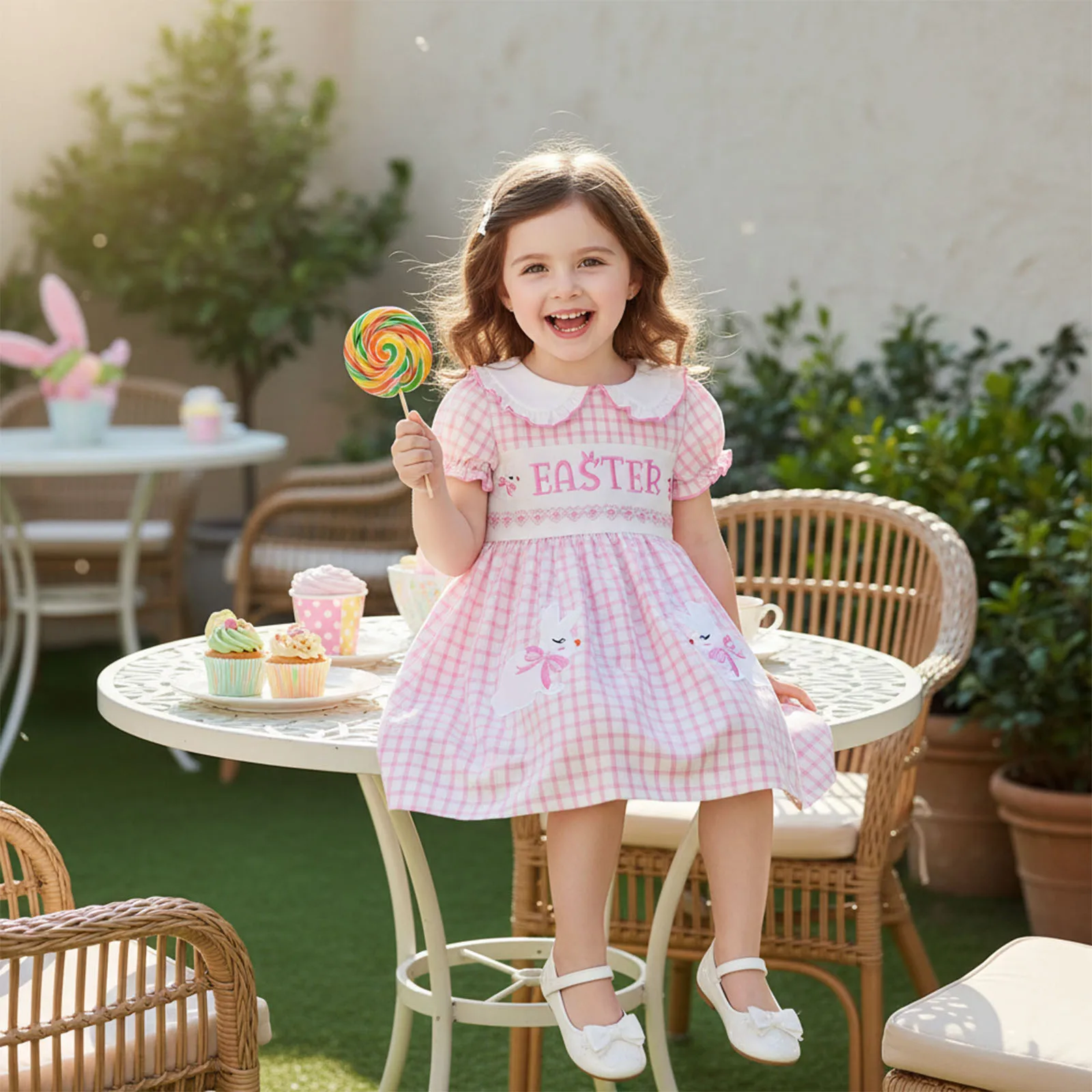 FOCUSNORM 0-5Y Lovely Little Kids Girl’s Easter Dress Puff Sleeve Doll Collar Plaid Print Letter Embroidery Summer Dress Clothes