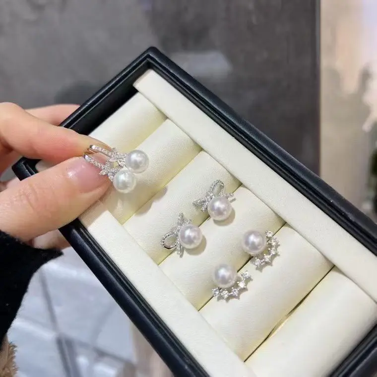 Certificate Luxury 925 Silver Natural Aurora Luster Round Pearl Ear Stud 8-9mm Elegant Bowknot Ribbon Drop Hook Earrings Jewelry