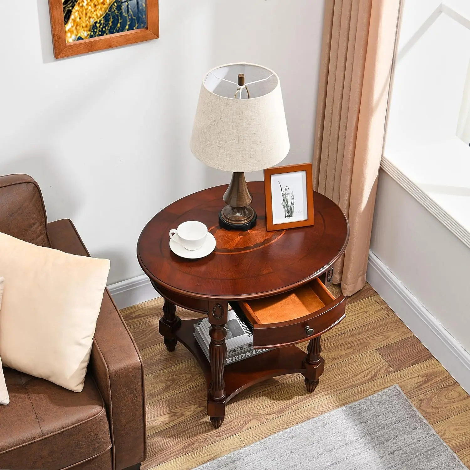 طاولة جانبية بيضاوية مستديرة، طاولة جانبية من خشب الكرز مع درج، منضدة فيكتورية، 28 بوصة عرض × 22 بوصة ارتفاعًا × 24.2 بوصة ارتفاعًا
