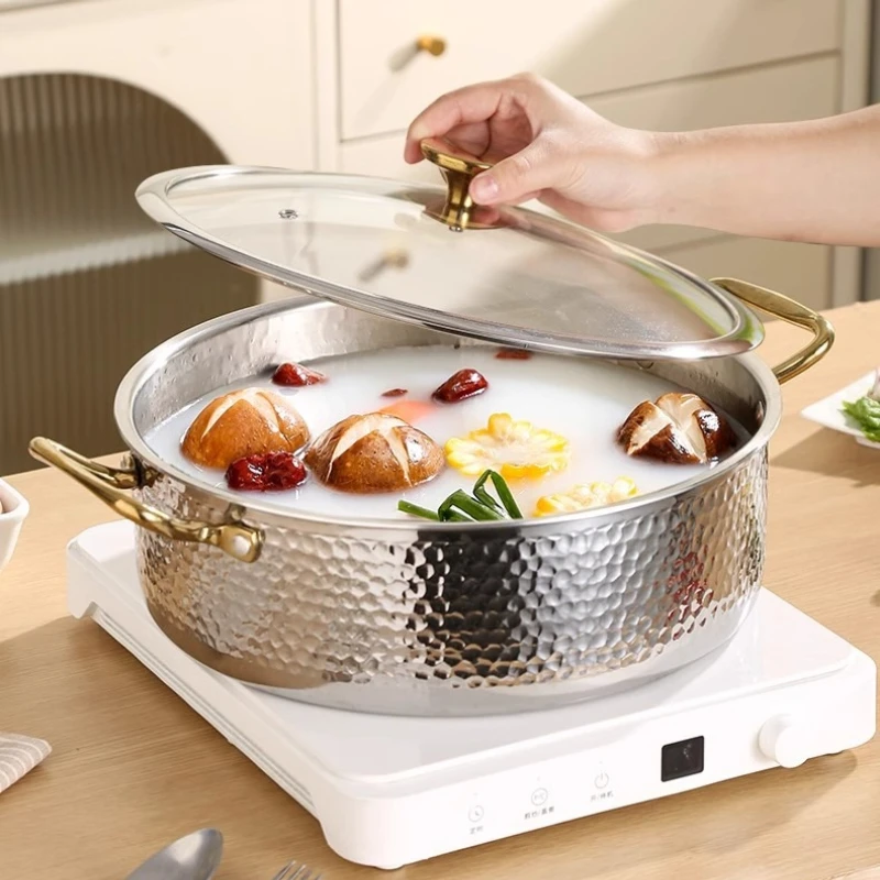 316 Stainless Steel Induction Hot Pot, Hammered Texture Double-Flavor Soup Pot, Food-Grade Even Heating Durable Durable Design