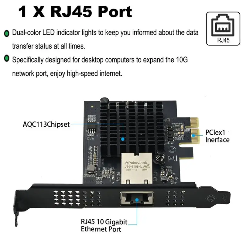 New Pcie X1 To 10Gbps Single Port RJ45 Network Card AQC113 1G/2.5G/5G/10Gbps Support PXE Wired LAN Win10/11 Desktop