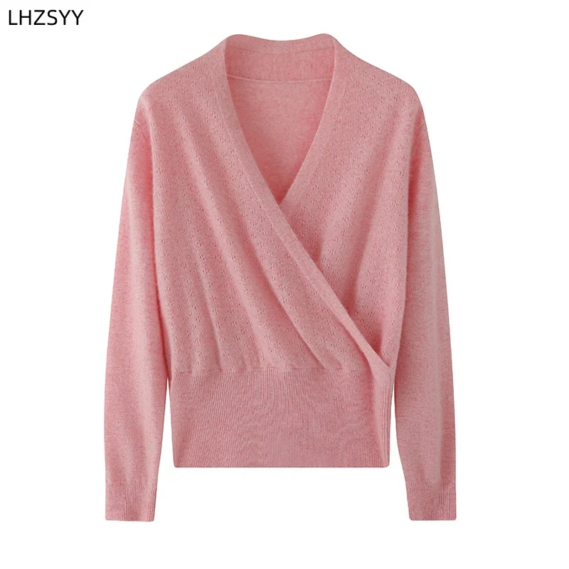 LHZSYY Autumn Winter New 100%Pure Cashmere Sweater Ladies Cross V-Neck Pullover Fashion Short Base Shirt Long Sleeve Knit Blouse