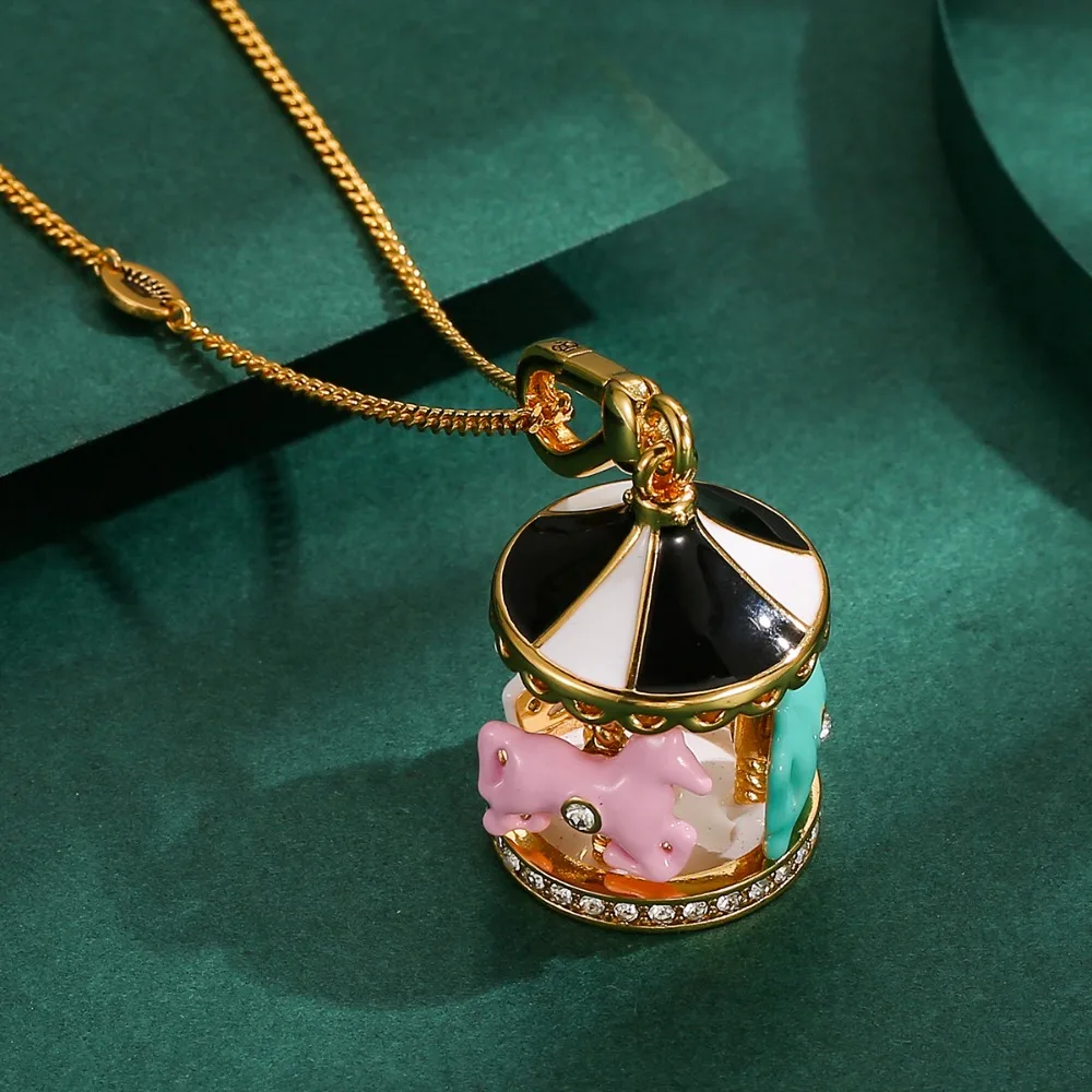 Enamel Glaze Rotating Merry-Go-Round Pendant Necklace Luxury Carousel Choker Sweater Chain Trendy Fashion Jewelry Gift for Women