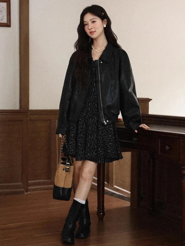 

ALXNAN Black Leather Jacket Zippered Placket Elastic Hem Waterproof Fabric Autumn 2025 New Versatile Lapel Women's Coat L57115