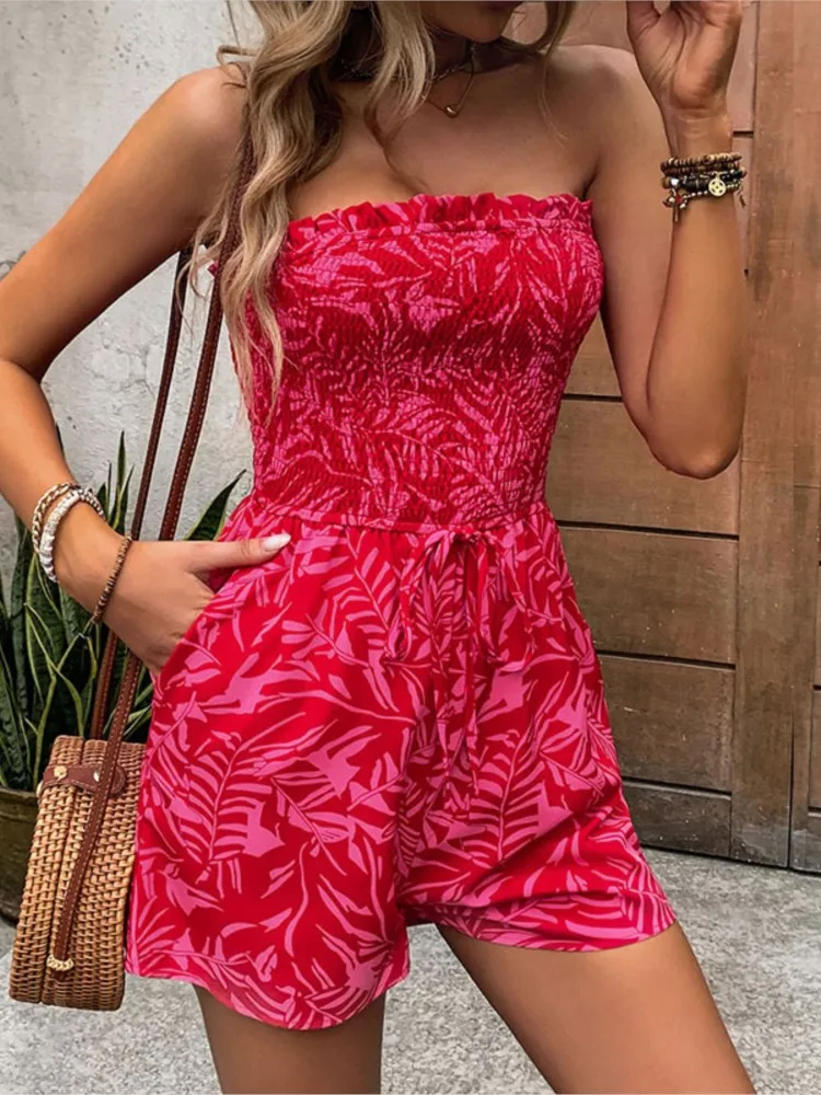 Sexy Off Shoulder Women\'s Jumpsuits Floral Print Jumpsuit High Waist Lace-up Shorts Women Vacation Beach Rompers Summer Playsuit