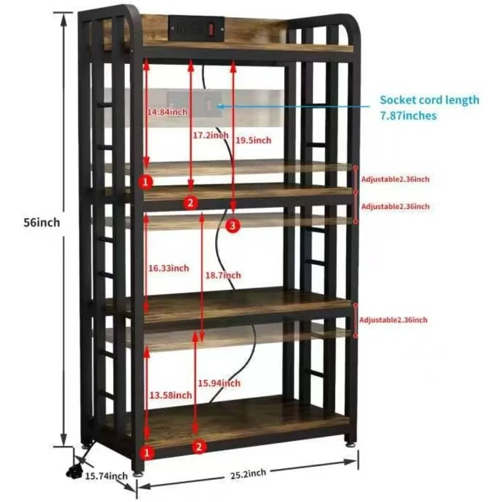 رف خباز المطبخ المجهز بمنفذ كهربائي مكون من 4 طبقات مع مساحة تخزين للميكروويف للاستخدام متعدد الغرف