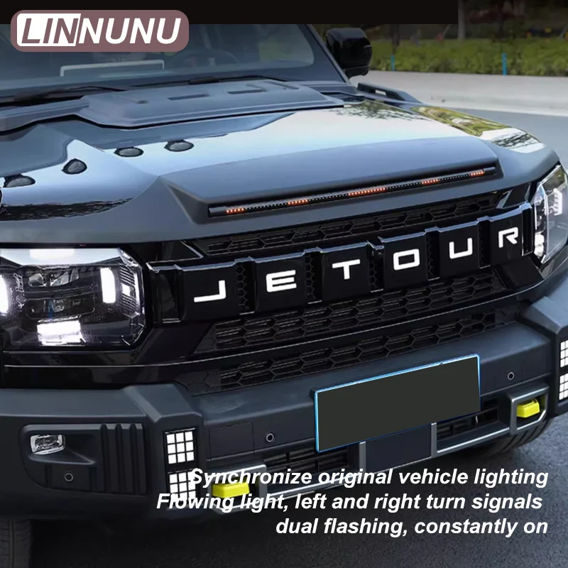 LINNUNU Fit for Chery Jetour Traveller T2 Engine Hood Gravel Block Bonnet Vents Car Hood Ornament with flowing lights hood cover