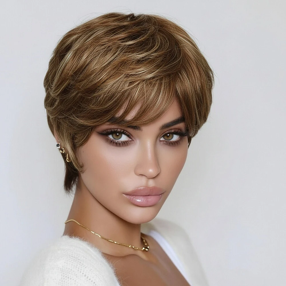 

Коричневый блондин, короткий прямой парик из натуральных волос, стрижка пикси, парик с предварительно выщипанной челкой для женщин, многослойная шапочка из базильских волос, машинная работа