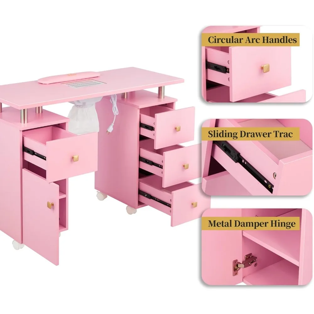 Bureau à ongles pour technicien, table de manucure, table à ongles avec collecteur de poussière électrique et coussin d'assistance-poignet, table à ongles en acétone