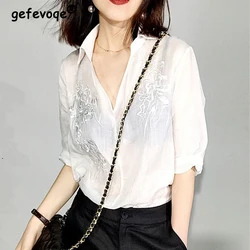 Elegant Chic Embroidery Minimalist Commute White Shirts for Women Sexy V-neck Sheer Long Sleeve Blouse Top Female Blusas Clothes