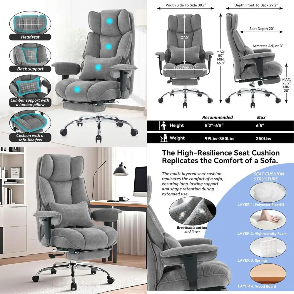 

Эргономичное офисное кресло с мягкой подушкой и подставкой для ног, тканевые офисные стулья для дома и офиса, большие серые стулья