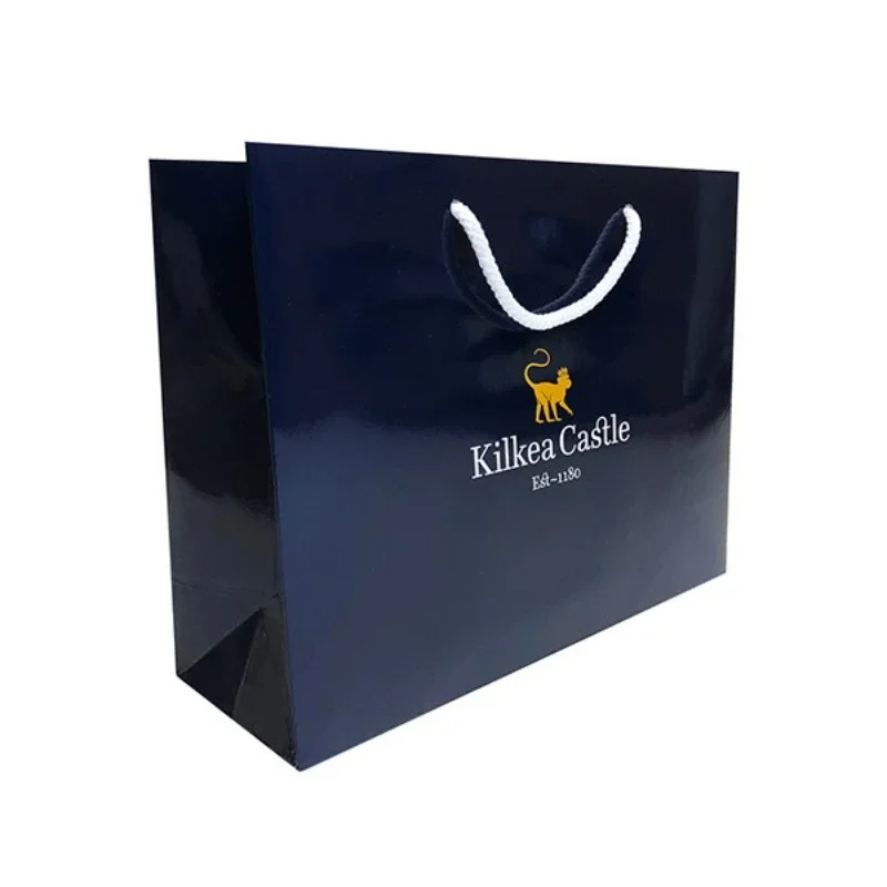 Bolsa de papel en relieve con logotipo de lámina dorada de lujo personalizado, bolsa de papel de joyería con estampado en caliente